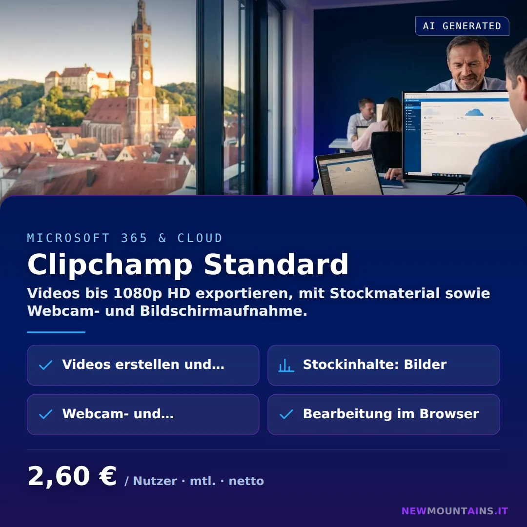 Clipchamp Standard — Videos bis 1080p HD exportieren, mit Stockmaterial sowie Webcam- und Bildschirmaufnahme. von Newmountains.IT aus Landshut