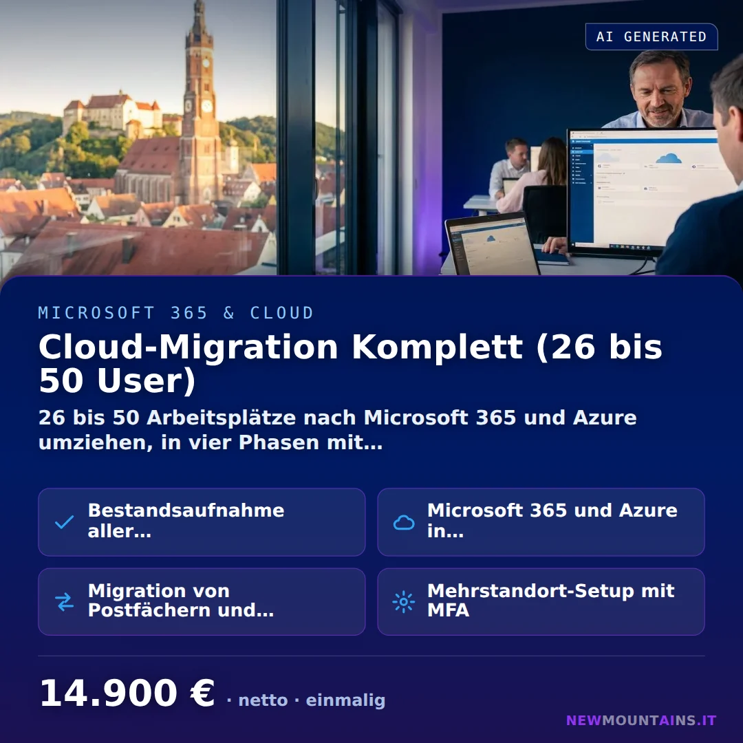 Cloud-Migration Komplett (26 bis 50 User) — 26 bis 50 Arbeitsplätze nach Microsoft 365 und Azure umziehen, in vier Phasen mit… von Newmountains.IT aus Landshut