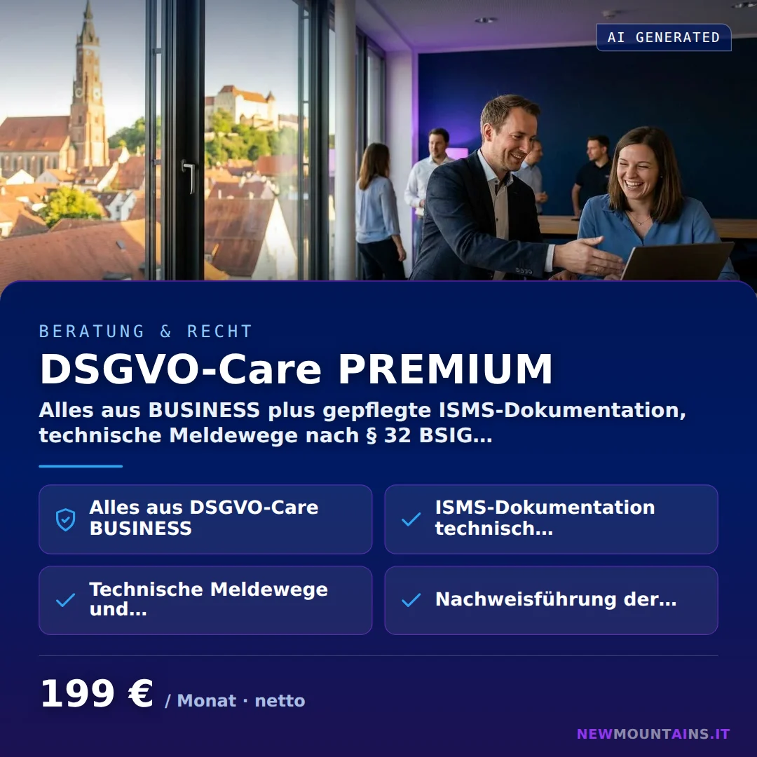 DSGVO-Care PREMIUM — Alles aus BUSINESS plus gepflegte ISMS-Dokumentation, technische Meldewege nach § 32 BSIG… von Newmountains.IT aus Landshut