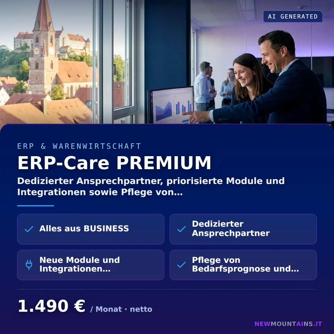 ERP-Care PREMIUM — Dedizierter Ansprechpartner, priorisierte Module und Integrationen sowie Pflege von… von Newmountains.IT aus Landshut