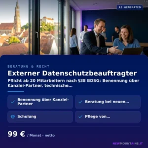 Externer Datenschutzbeauftragter — Pflicht ab 20 Mitarbeitern nach §38 BDSG: Benennung über Kanzlei-Partner, technische… von Newmountains.IT aus Landshut