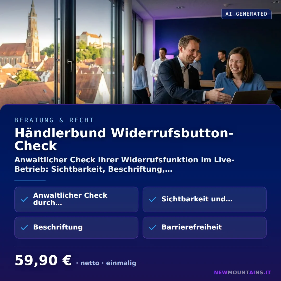 Händlerbund Widerrufsbutton-Check — Anwaltlicher Check Ihrer Widerrufsfunktion im Live-Betrieb: Sichtbarkeit, Beschriftung,… von Newmountains.IT aus Landshut