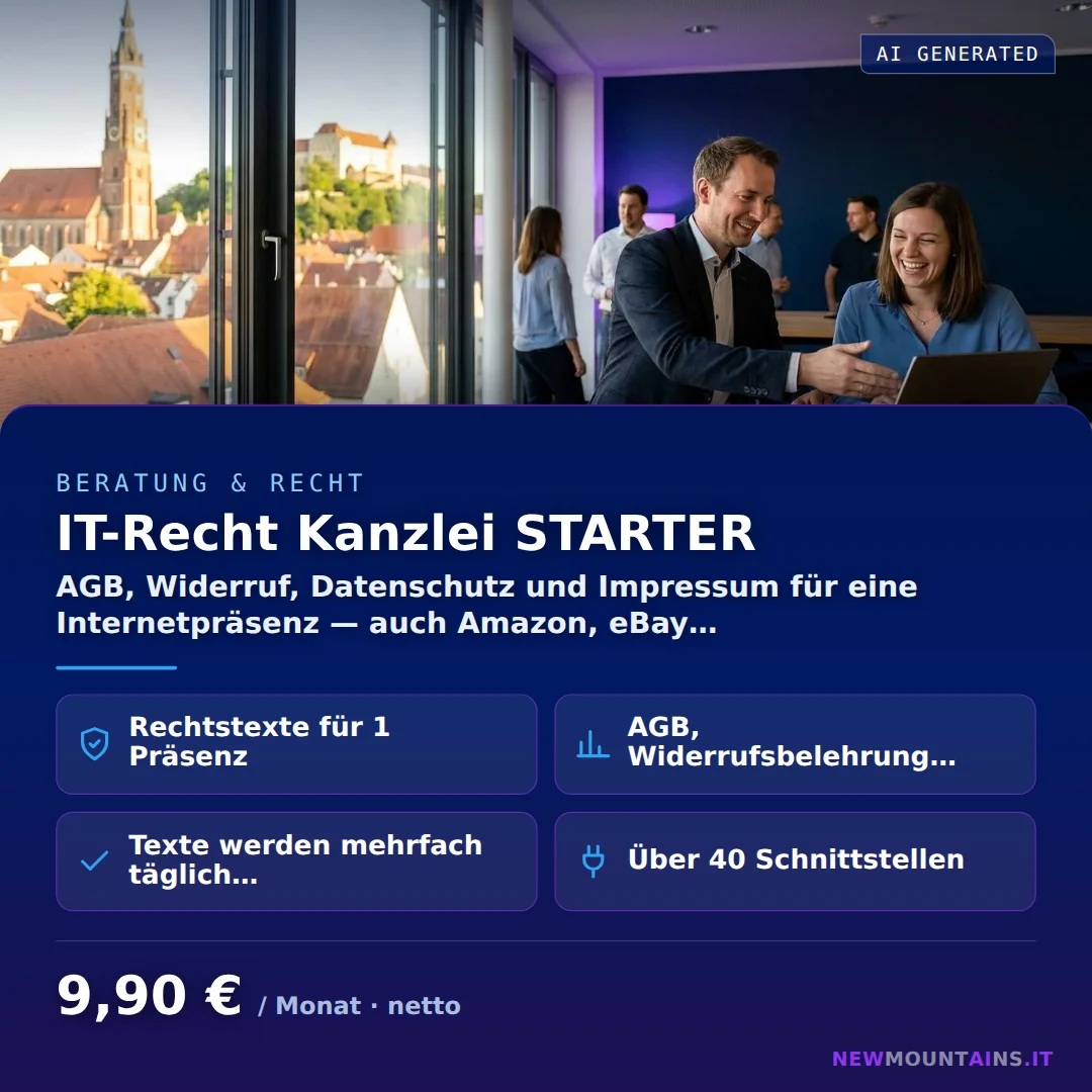 IT-Recht Kanzlei STARTER — AGB, Widerruf, Datenschutz und Impressum für eine Internetpräsenz — auch Amazon, eBay… von Newmountains.IT aus Landshut