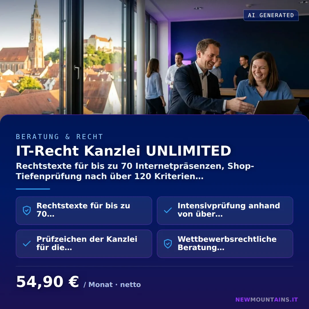 IT-Recht Kanzlei UNLIMITED — Rechtstexte für bis zu 70 Internetpräsenzen, Shop-Tiefenprüfung nach über 120 Kriterien… von Newmountains.IT aus Landshut