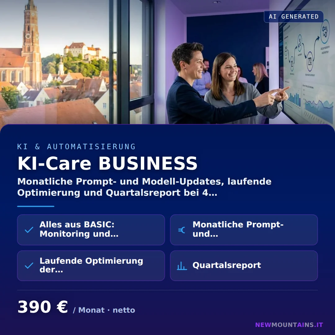 KI-Care BUSINESS — Monatliche Prompt- und Modell-Updates, laufende Optimierung und Quartalsreport bei 4… von Newmountains.IT aus Landshut