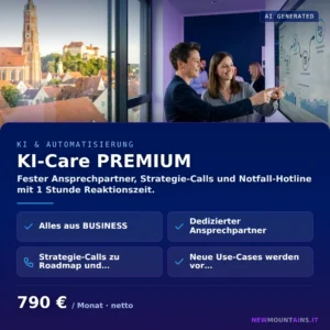 KI-Care PREMIUM — Fester Ansprechpartner, Strategie-Calls und Notfall-Hotline mit 1 Stunde Reaktionszeit. von Newmountains.IT aus Landshut
