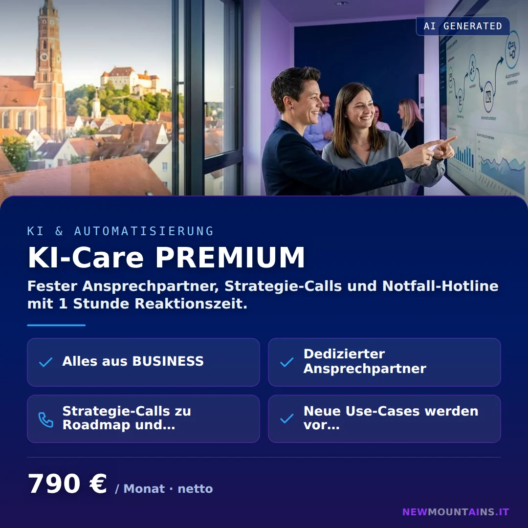 KI-Care PREMIUM — Fester Ansprechpartner, Strategie-Calls und Notfall-Hotline mit 1 Stunde Reaktionszeit. von Newmountains.IT aus Landshut