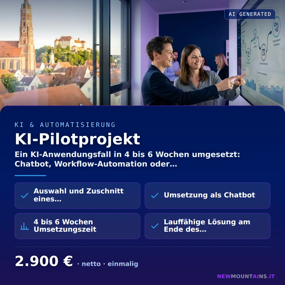 KI-Pilotprojekt — Ein KI-Anwendungsfall in 4 bis 6 Wochen umgesetzt: Chatbot, Workflow-Automation oder… von Newmountains.IT aus Landshut