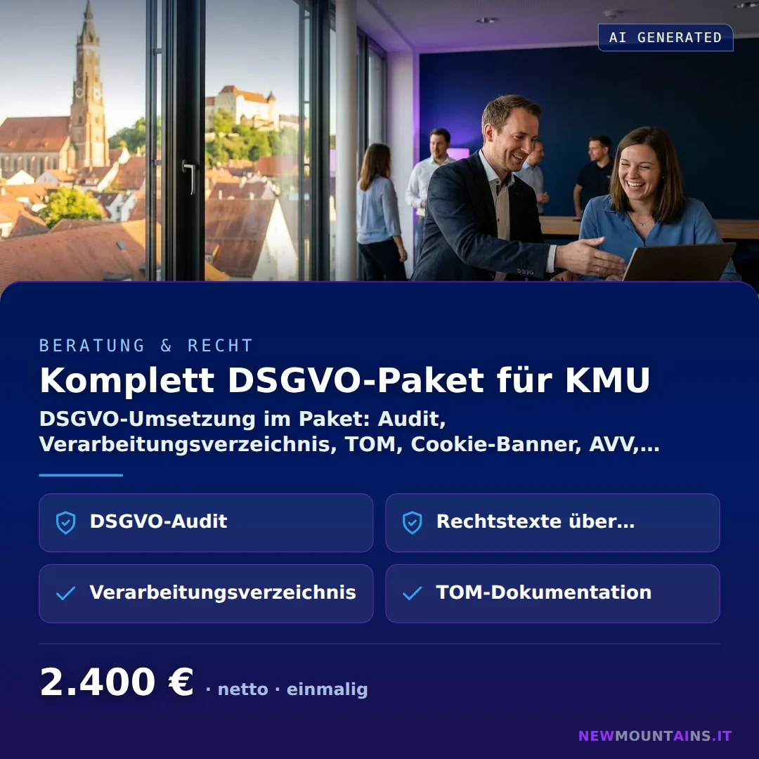 Komplett DSGVO-Paket für KMU — DSGVO-Umsetzung im Paket: Audit, Verarbeitungsverzeichnis, TOM, Cookie-Banner, AVV,… von Newmountains.IT aus Landshut