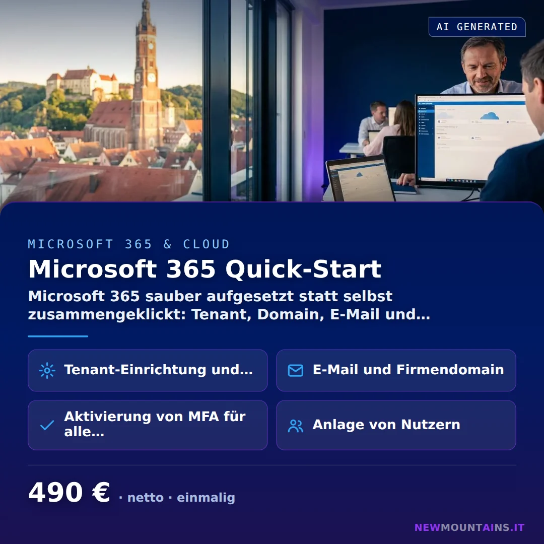 Microsoft 365 Quick-Start — Microsoft 365 sauber aufgesetzt statt selbst zusammengeklickt: Tenant, Domain, E-Mail und… von Newmountains.IT aus Landshut