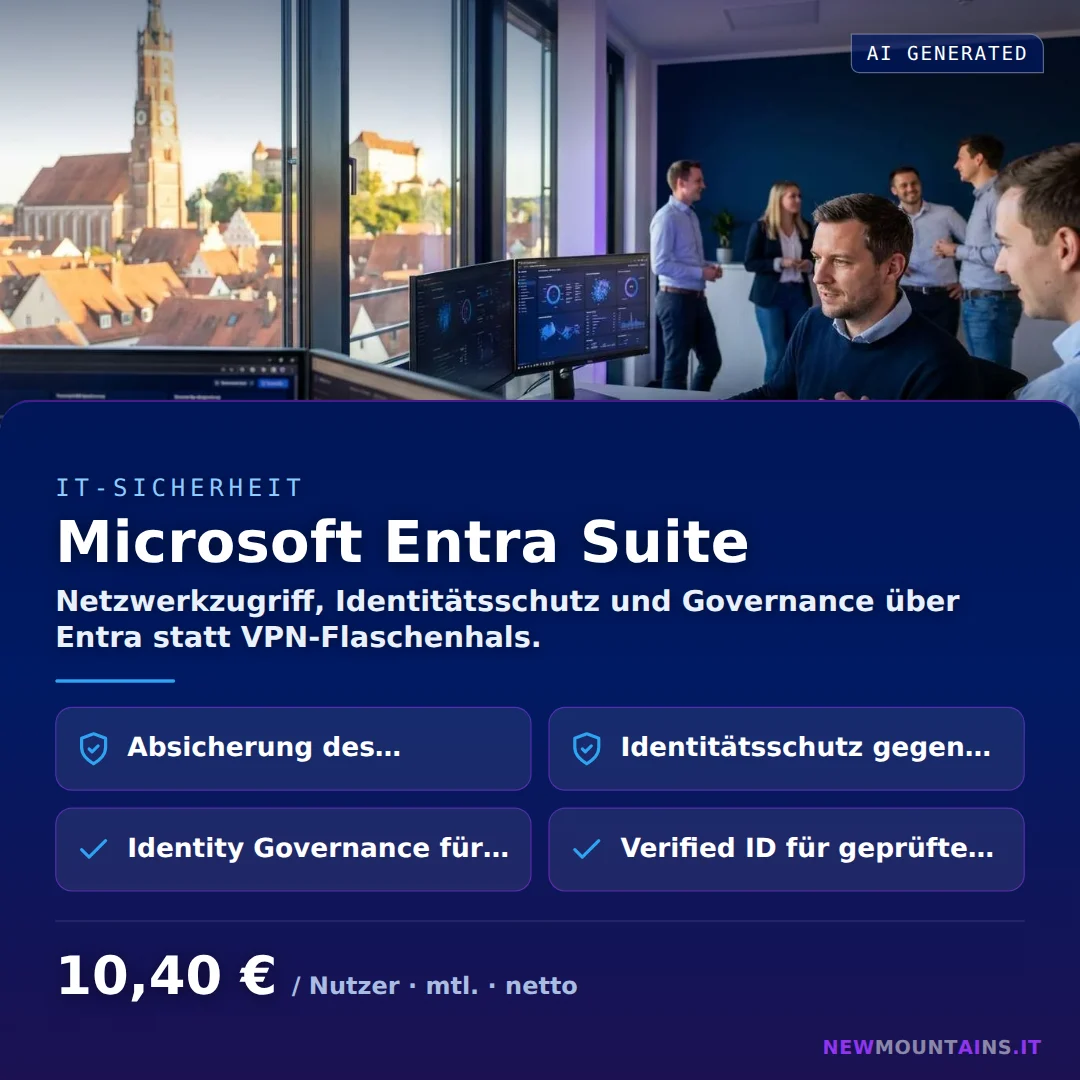 Microsoft Entra Suite — Netzwerkzugriff, Identitätsschutz und Governance über Entra statt VPN-Flaschenhals. von Newmountains.IT aus Landshut