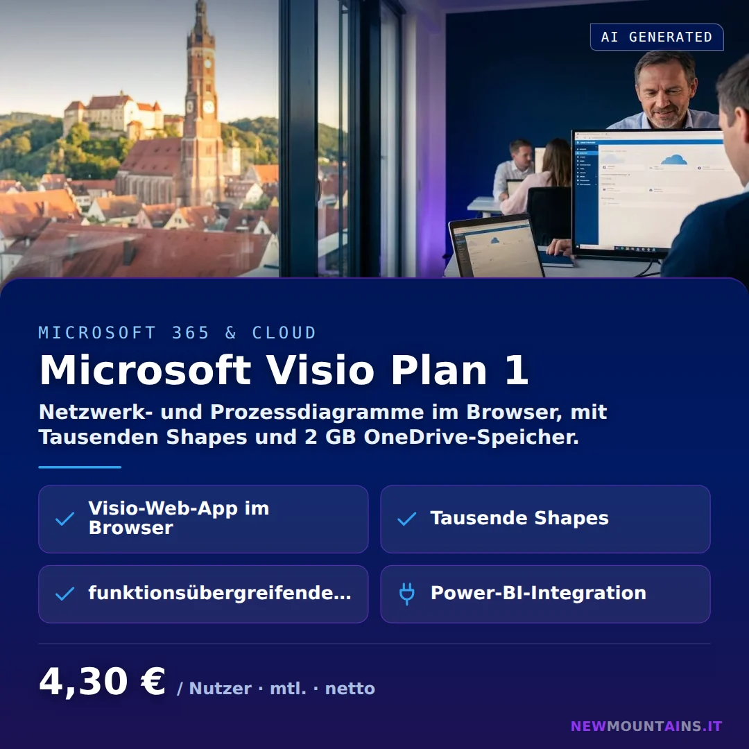 Microsoft Visio Plan 1 — Netzwerk- und Prozessdiagramme im Browser, mit Tausenden Shapes und 2 GB OneDrive-Speicher. von Newmountains.IT aus Landshut