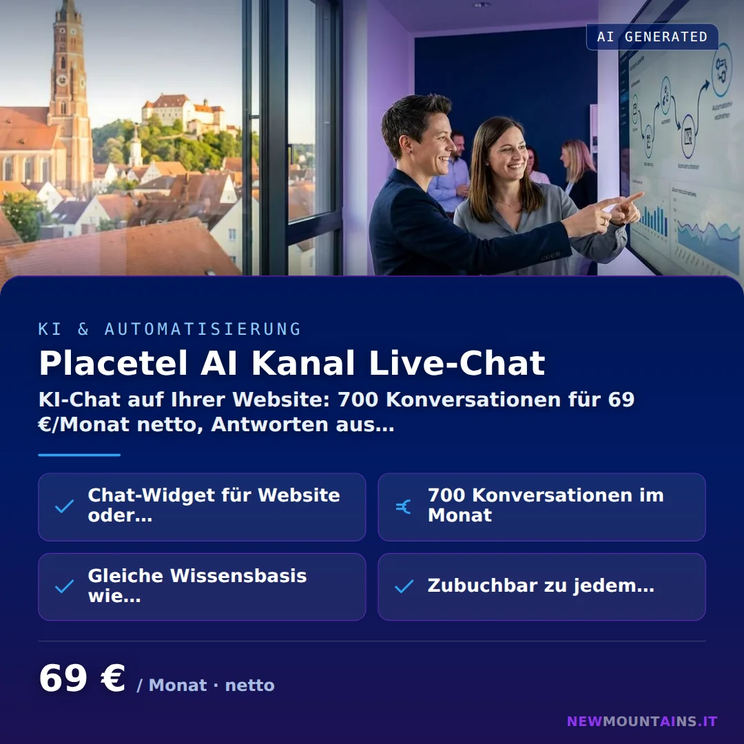 Placetel AI Kanal Live-Chat — KI-Chat auf Ihrer Website: 700 Konversationen für 69 €/Monat netto, Antworten aus… von Newmountains.IT aus Landshut