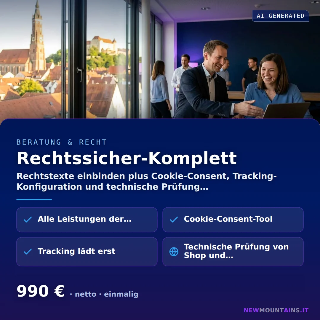 Rechtssicher-Komplett — Rechtstexte einbinden plus Cookie-Consent, Tracking-Konfiguration und technische Prüfung… von Newmountains.IT aus Landshut