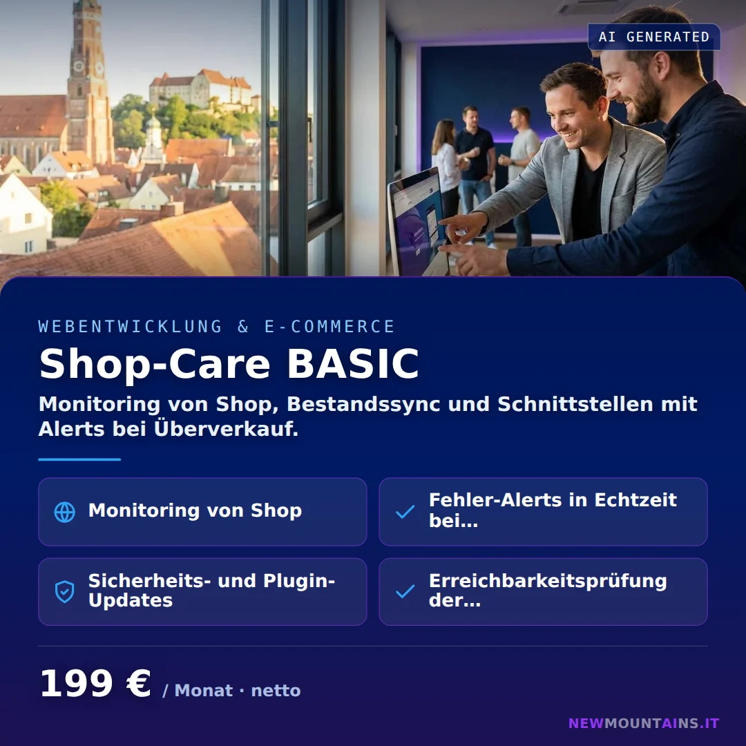 Shop-Care BASIC — Monitoring von Shop, Bestandssync und Schnittstellen mit Alerts bei Überverkauf. von Newmountains.IT aus Landshut
