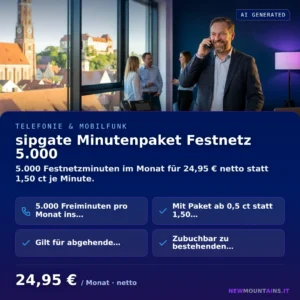 sipgate Minutenpaket Festnetz 5.000 — 5.000 Festnetzminuten im Monat für 24,95 € netto statt 1,50 ct je Minute. von Newmountains.IT aus Landshut