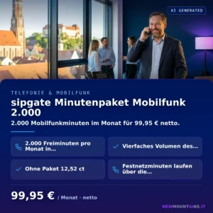 sipgate Minutenpaket Mobilfunk 2.000 — 2.000 Mobilfunkminuten im Monat für 99,95 € netto. von Newmountains.IT aus Landshut