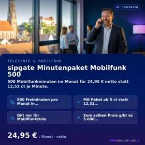 sipgate Minutenpaket Mobilfunk 500 — 500 Mobilfunkminuten im Monat für 24,95 € netto statt 12,52 ct je Minute. von Newmountains.IT aus Landshut
