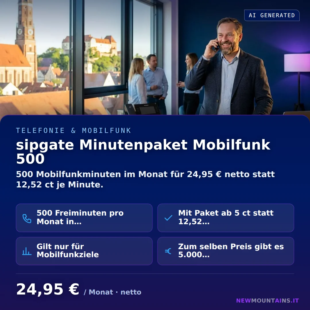 sipgate Minutenpaket Mobilfunk 500 — 500 Mobilfunkminuten im Monat für 24,95 € netto statt 12,52 ct je Minute. von Newmountains.IT aus Landshut