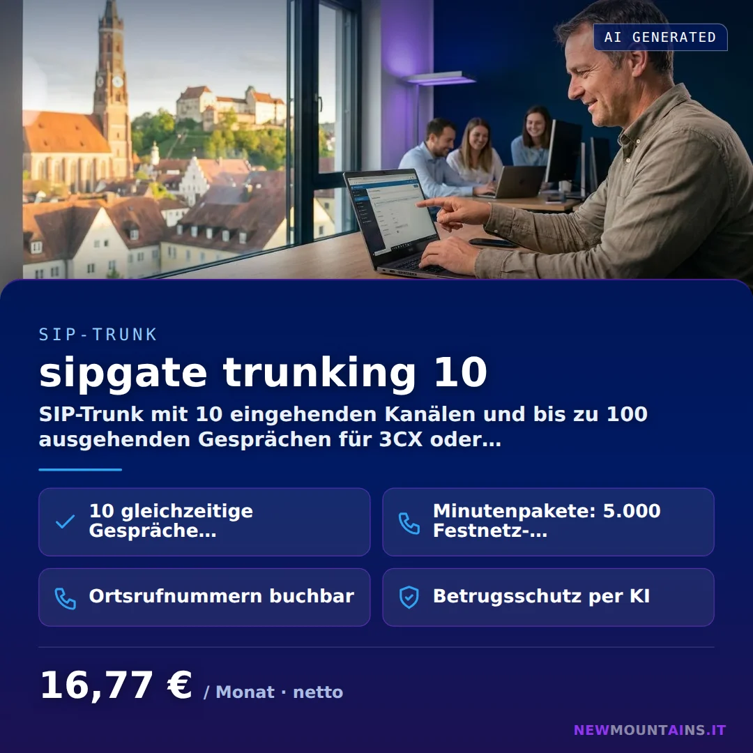 sipgate trunking 10 — SIP-Trunk mit 10 eingehenden Kanälen und bis zu 100 ausgehenden Gesprächen für 3CX oder… von Newmountains.IT aus Landshut