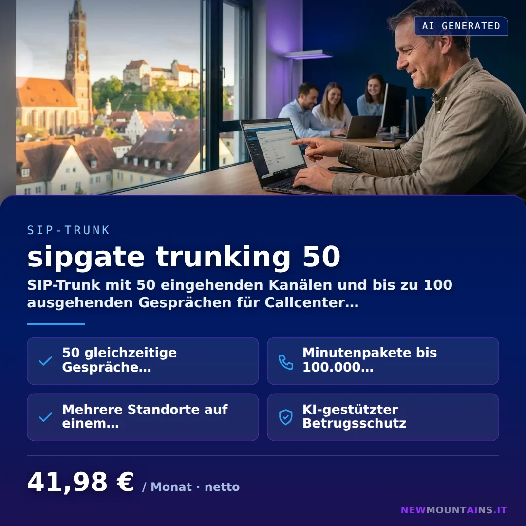 sipgate trunking 50 — SIP-Trunk mit 50 eingehenden Kanälen und bis zu 100 ausgehenden Gesprächen für Callcenter… von Newmountains.IT aus Landshut