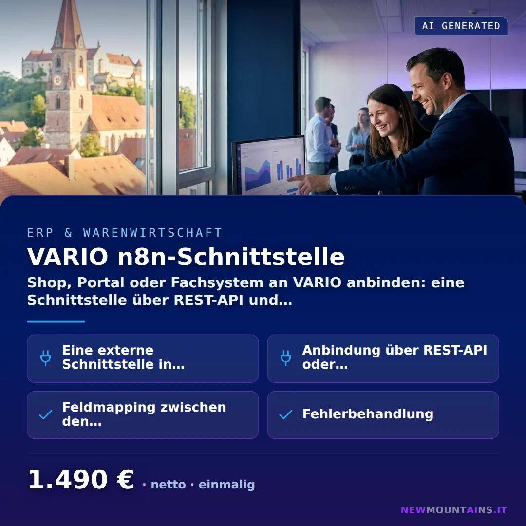 VARIO n8n-Schnittstelle — Shop, Portal oder Fachsystem an VARIO anbinden: eine Schnittstelle über REST-API und… von Newmountains.IT aus Landshut