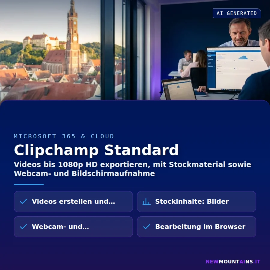 Clipchamp Standard – Videos bis 1080p HD exportieren, mit Stockmaterial sowie Webcam- und Bildschirmaufnahme | Newmountains.IT aus Landshut