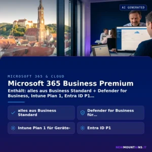Microsoft 365 Business Premium – Enthält: alles aus Business Standard + Defender for Business, Intune Plan 1, Entra ID P1 | Newmountains.IT aus Landshut