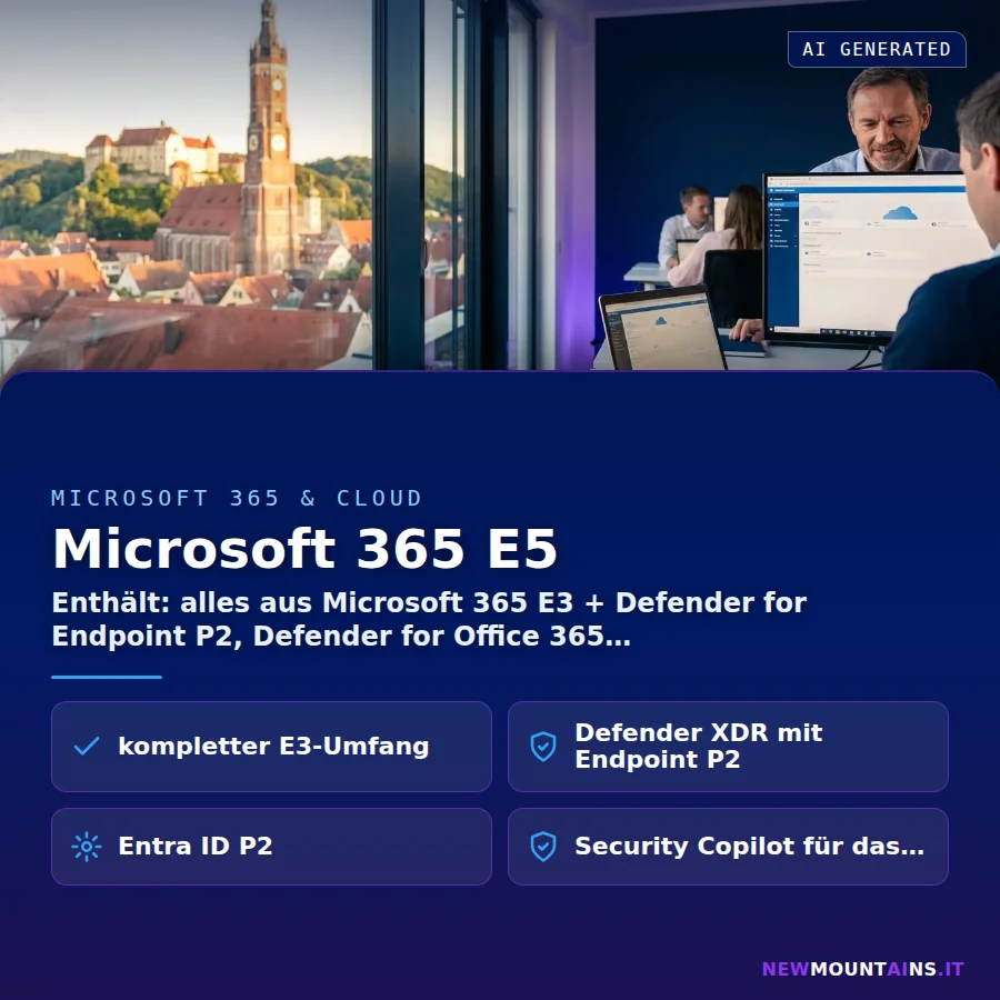 Microsoft 365 E5 – Enthält: alles aus Microsoft 365 E3 + Defender for Endpoint P2, Defender for Office 365 | Newmountains.IT aus Landshut