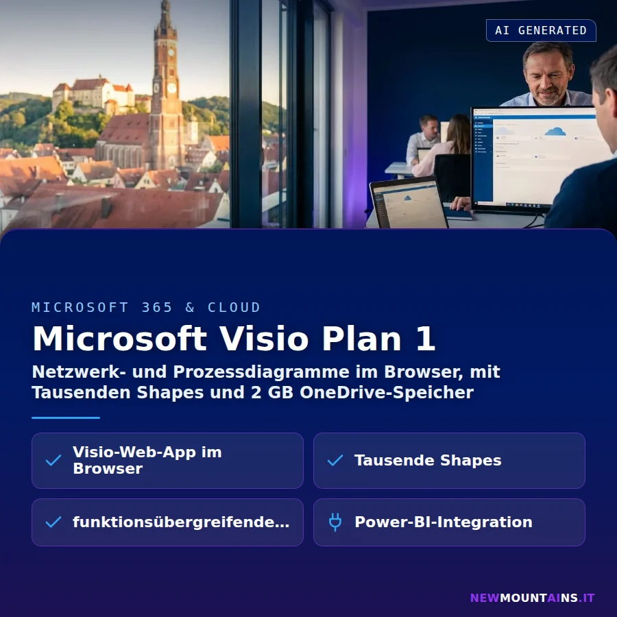 Microsoft Visio Plan 1 – Netzwerk- und Prozessdiagramme im Browser, mit Tausenden Shapes und 2 GB OneDrive-Speicher | Newmountains.IT aus Landshut