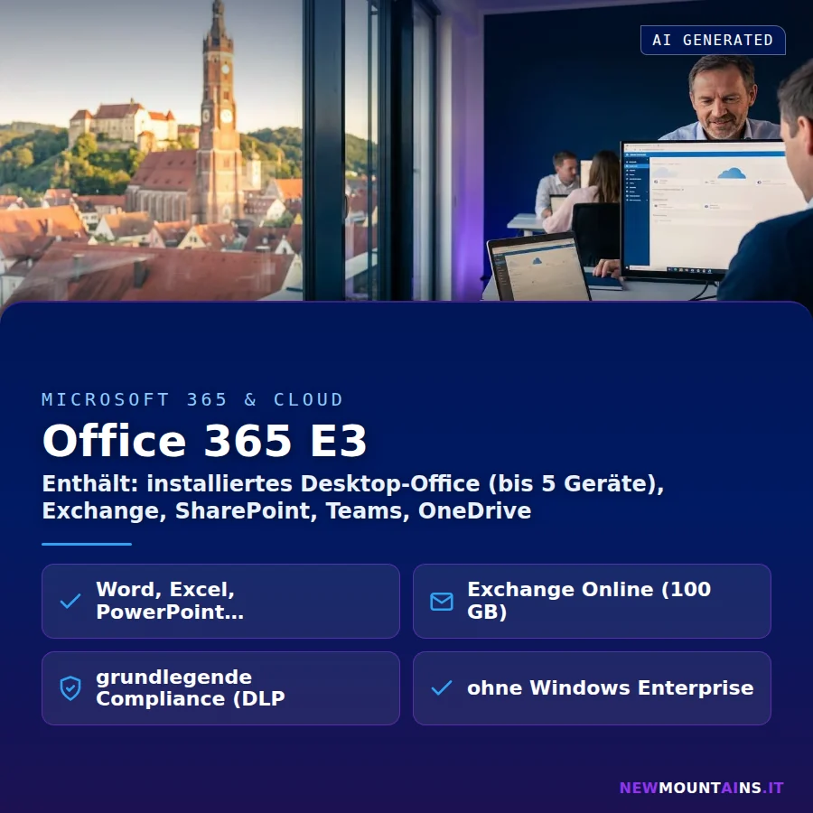 Office 365 E3 – Enthält: installiertes Desktop-Office (bis 5 Geräte), Exchange, SharePoint, Teams, OneDrive | Newmountains.IT aus Landshut