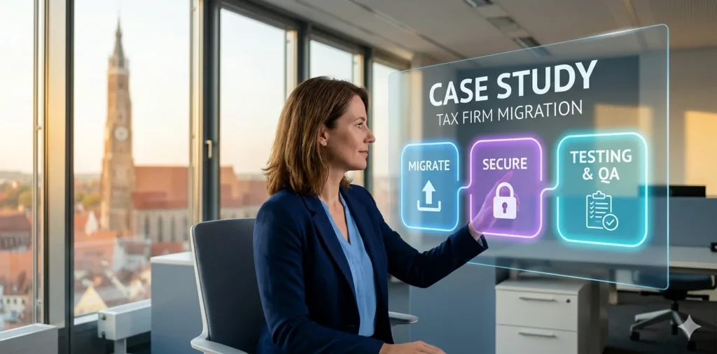 Geschäftsfrau im navy Blazer zeigt auf Interface mit Migrate-, Secure- und Test-Panel vor Landshut-Skyline – Microsoft 365 Case Study Steuerkanzlei