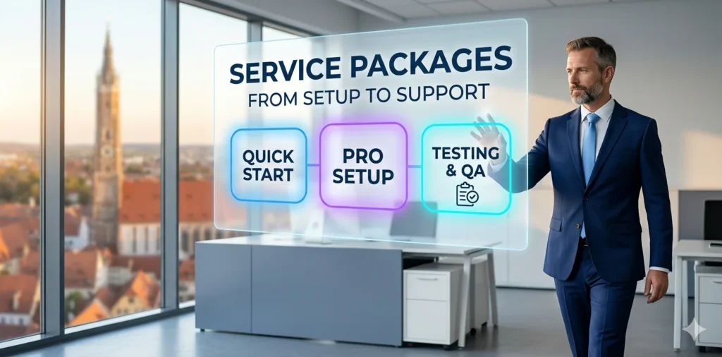 Geschäftsmann im navy Anzug geht auf Interface mit Service-Paket-Panels Quick-Start, Pro-Setup und Test vor Landshut-Skyline zu – Microsoft 365 Service-Pakete