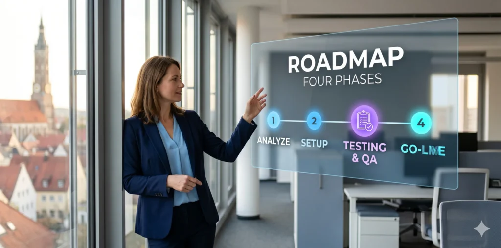Geschäftsfrau im navy Blazer zeigt auf Roadmap-Interface mit vier Phasen Analyze, Setup, Test und Go-Live vor Landshut-Skyline – Microsoft 365 Einführung