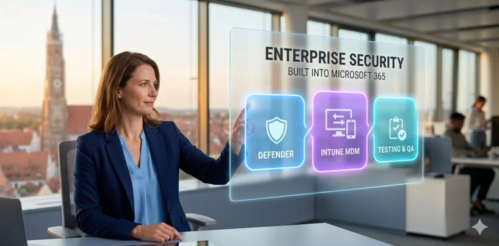 Geschäftsfrau im navy Blazer zeigt auf Interface mit Defender-, Intune- und Test-Panel vor Landshut-Skyline – Microsoft 365 Security für KMU