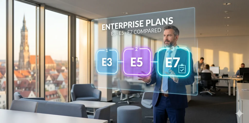 Geschäftsmann im navy Anzug zeigt auf Interface mit drei Enterprise-Tarif-Panels E3, E5 und E7 vor Landshut-Skyline – Microsoft 365 Enterprise