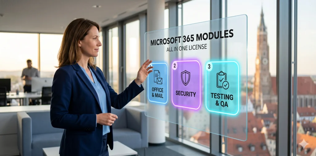 Geschäftsfrau im navy Blazer zeigt auf Interface mit Office-, Security- und Test-Panel vor Landshut-Skyline – Microsoft 365 Funktionsumfang