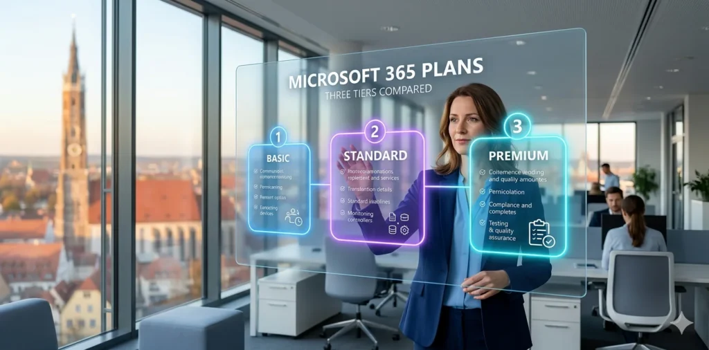 Geschäftsfrau im navy Blazer zeigt auf Interface mit drei Microsoft-365-Tarif-Panels vor Landshut-Skyline – Business-Pläne im Überblick