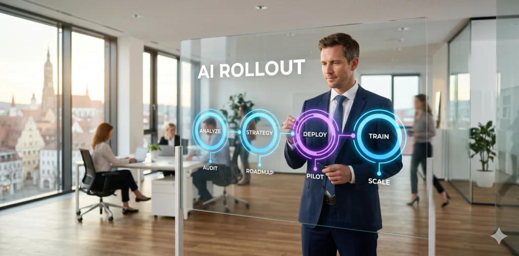 KI-Implementierung in 4 Schritten — Potenzialanalyse Strategie Umsetzung und Training bei Newmountains.IT