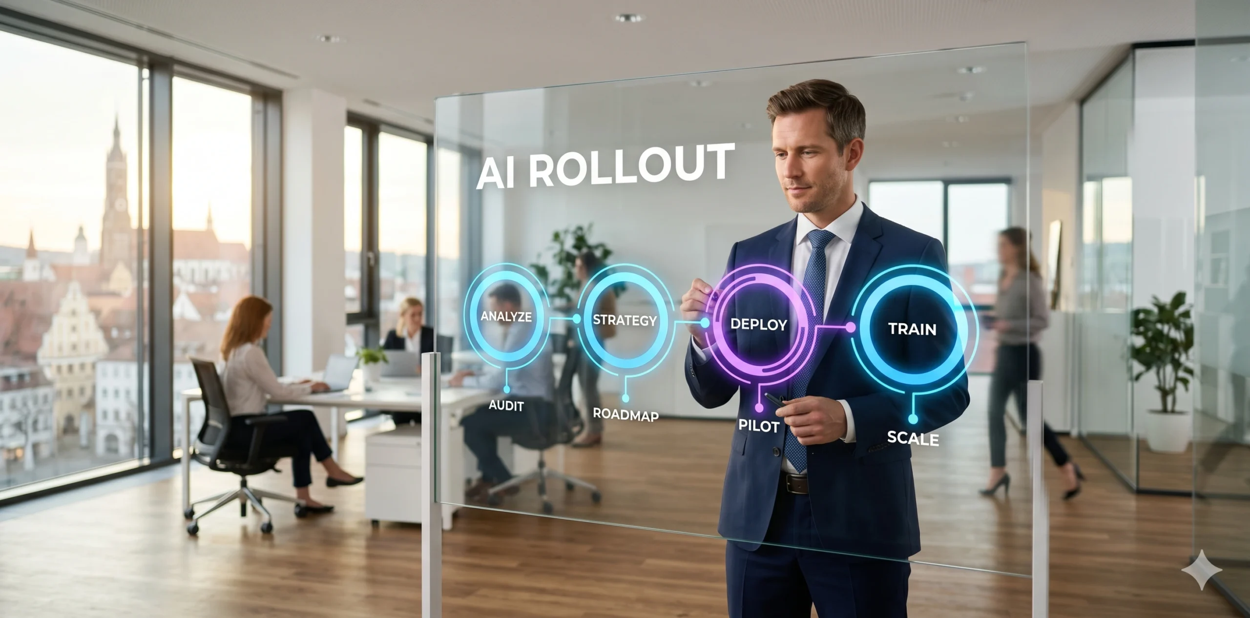 KI-Implementierung in 4 Schritten — Potenzialanalyse Strategie Umsetzung und Training bei Newmountains.IT