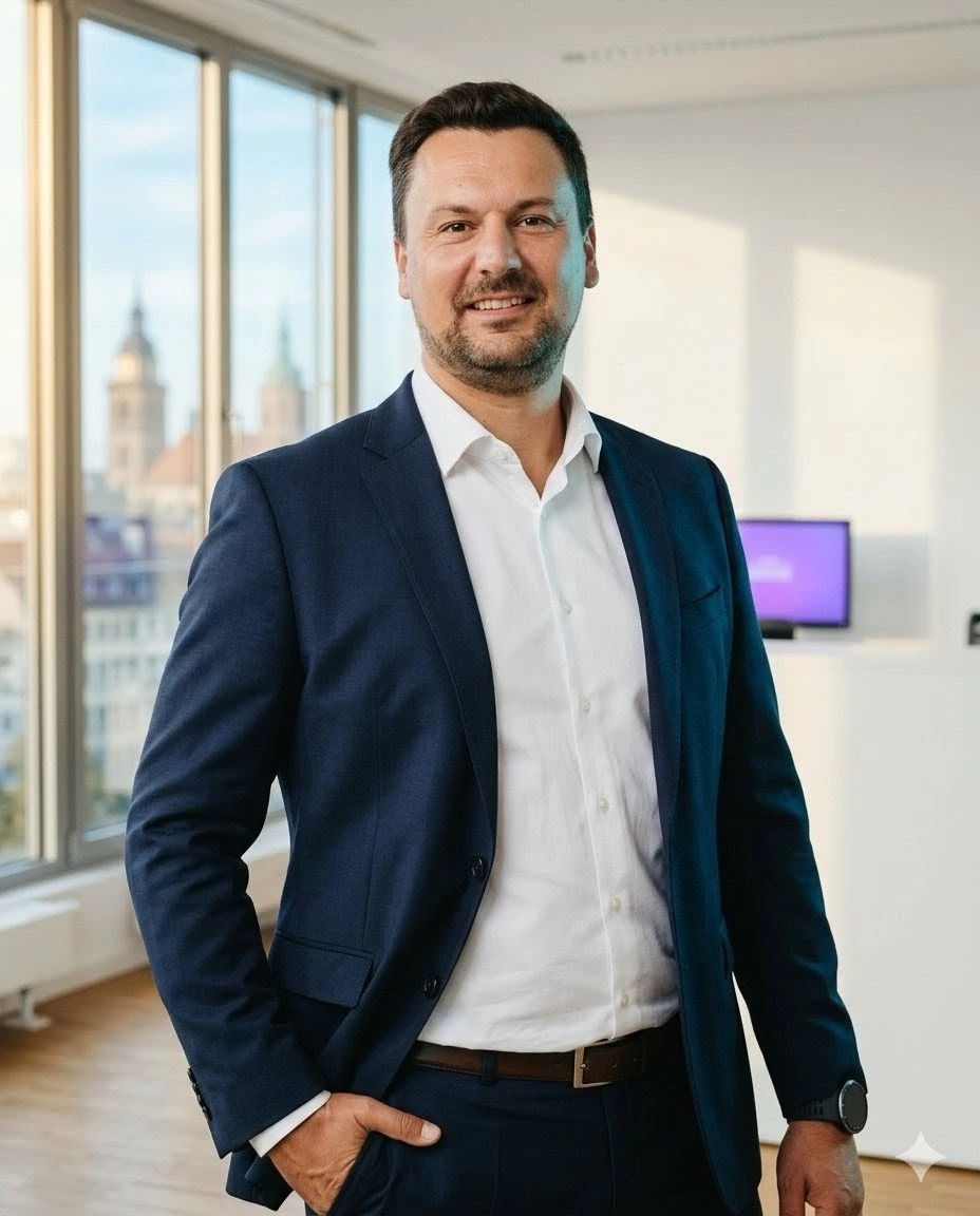 Raphael Neuberger – IT- & KI-Berater | Newmountains.IT Raphael Neuberger, Geschäftsführer und KI-Berater von Newmountains.IT, im dunkelblauen Business-Anzug vor der Landshuter Skyline