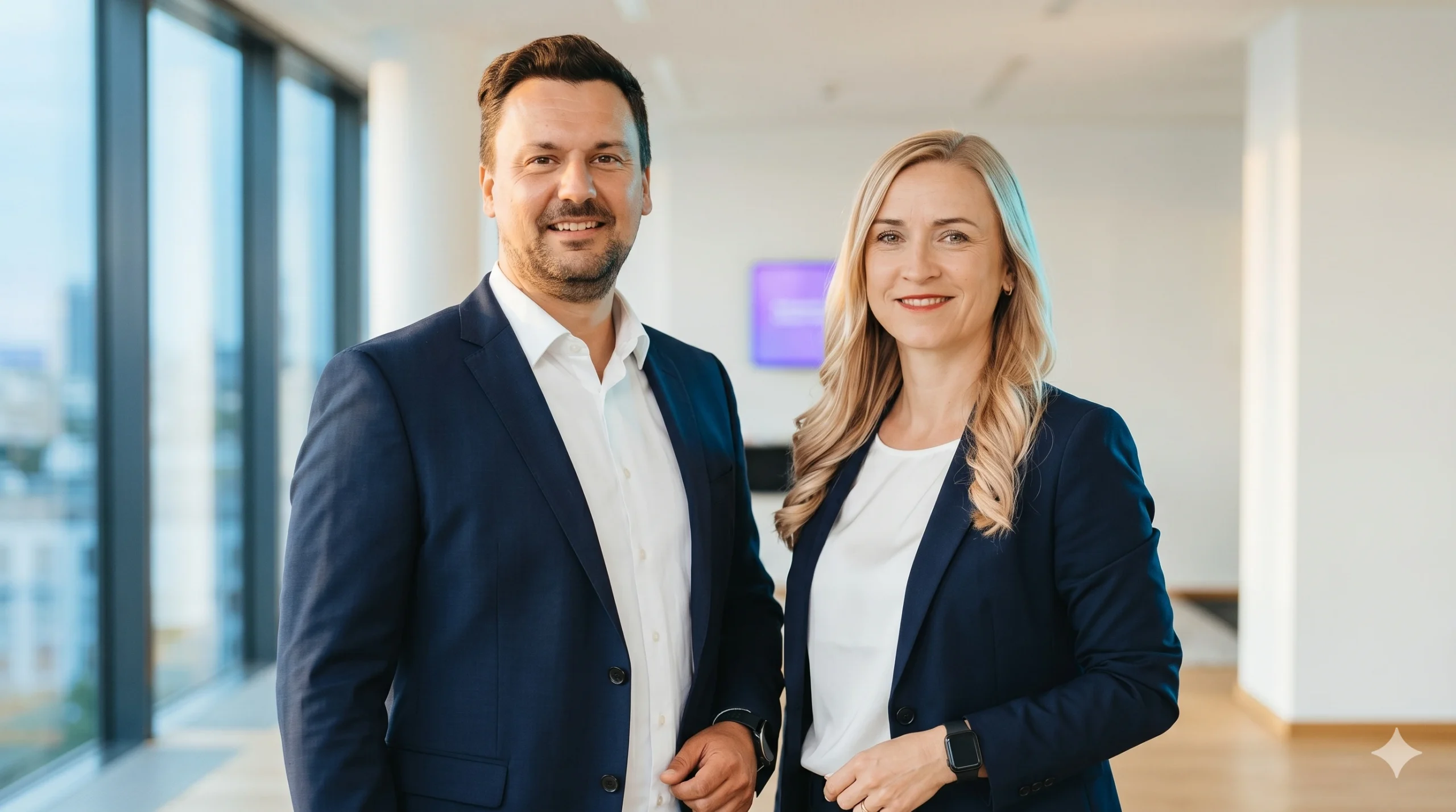 Raphael Neuberger und Sandra Neuberger, Gründerpaar und Geschäftsführung von Newmountains.IT, im Büro in dunkelblauen Business-Anzügen