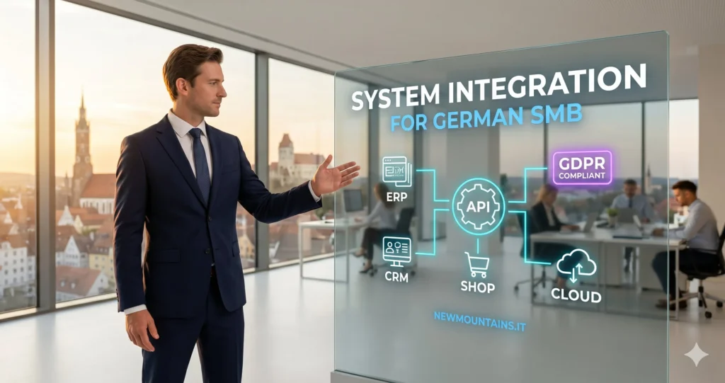 Newmountains.IT – Schnittstellen und Integrationen für KMU mit DSGVO-konformer API-Entwicklung Systemvernetzung und n8n-Automatisierung