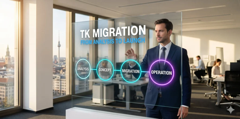 TK-Migrations-Prozess von Newmountains.IT — strukturiertes 4-Schritte-Verfahren von Analyse über Konzept zur Migration und stabilen Betrieb