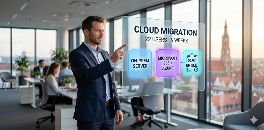 Businessman zeigt auf transparenten Touchscreen mit Cloud-Migration-Kennzahlen, Landshuter Altstadt im Hintergrund.