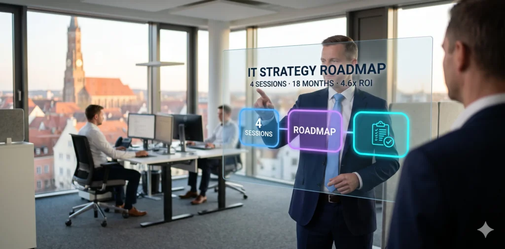 Berater zeigt auf transparenten Touchscreen mit IT-Strategie-Roadmap-Kennzahlen, Landshuter Altstadt im Hintergrund.