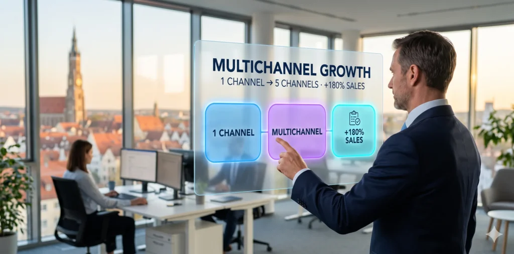 Berater zeigt auf transparenten Touchscreen mit Multichannel-Wachstumskennzahlen, Landshuter Altstadt im Hintergrund.