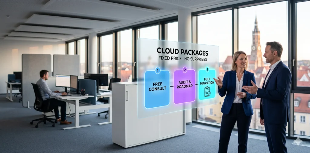 Zwei Berater zeigen auf transparenten Touchscreen mit drei Cloud-Paketen, Landshuter Altstadt im Hintergrund.