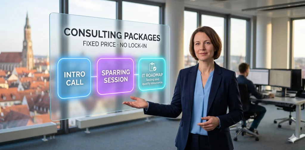 Beraterin zeigt auf transparenten Touchscreen mit drei Coaching-Paketen, Landshuter Altstadt im Hintergrund.