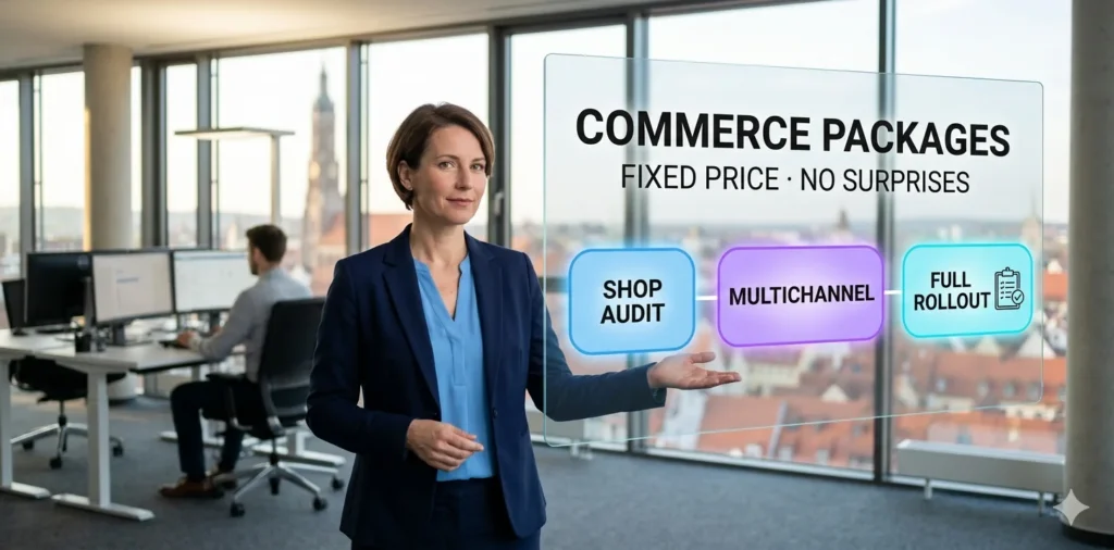 Beraterin zeigt auf transparenten Touchscreen mit drei E-Commerce-Paketen, Landshuter Altstadt im Hintergrund.